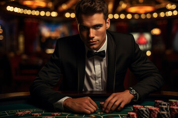 Luxurious restaurant casino las vegas vip night Generative AI poker slots cards roulette players gamers.