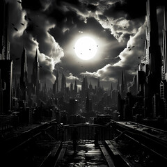 Wall Mural - A dramatic black and white cityscape. 