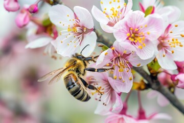 Wall Mural - A bee is hovering over a pink flower