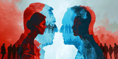 Wall Mural - A man and woman are shown in a blue and red image