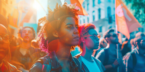 Wall Mural - A woman with a purple headband stands in a crowd of people holding a sign