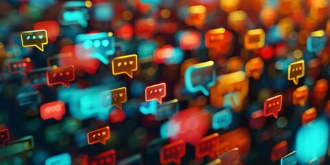 A colorful image of many small speech bubbles with hearts in the middle