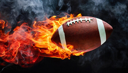Wall Mural - Burning American football ball with smoke. Hot orange flame. Professional active sport. Black background.