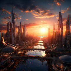 Poster - A futuristic cityscape at sunrise.