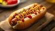 Tasty hot dog with ketchup on wooden table, closeup