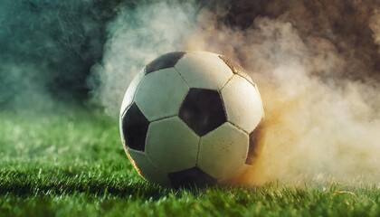 Wall Mural - Soccer ball with dust and smoke on green grass. Football field. Blurred dark background