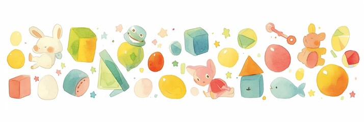 Naklejka na meble Watercolor illustration of children's toys in calm pastel colors isolated on a white background, banner