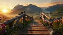 A Rustic Wooden Bridge With Flowers And Butterflies Stretches Over A Misty Valley, Leading To The Sunset. Seamless Looping 4k Video Animation.