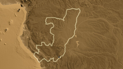 Shape of Republic of the Congo. Glowed. Sepia elevation.