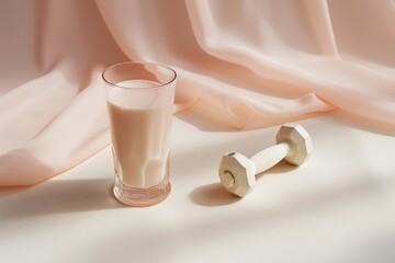 Poster - a glass of milk and a dumbbell weight on a table