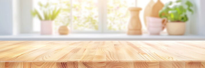 Wall Mural - Empty  wood table top counter and blur bokeh modern kitchen interior background in clean and bright,Banner, Ready for product montage. empty wooden table top counter on interior kutchen background