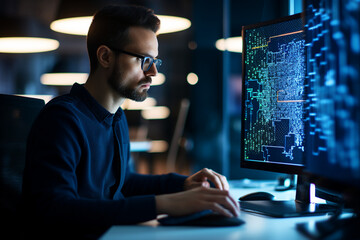 Hard working person in modern interior office programming writing web java script code AI technology generation
