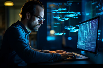 Hard working person in modern interior office programming writing web java script code AI technology generation
