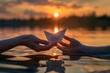 An intimate shot of a couple's hands releasing a paper boat into a serene lake, with 