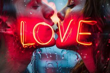 Extreme Close-up Of A Couple's Lips Meeting In A Passionate Kiss, With "LOVE" Written In Bright Lipstick On A Mirror In The Background