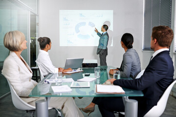Leinwandbilder - Presentation, business people and presenter with projector screen, graphs for planning meeting and info in conference room. Data analysis, statistics and research for corporate project with team