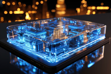 Wall Mural - A small city is displayed in a clear case. The city is lit up with blue lights, giving it a futuristic and modern feel. The case is placed on a table