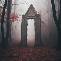 Canvas Print - A mysterious doorway in a dense fog. 