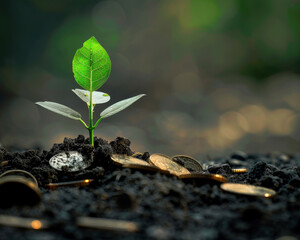 A small plant is growing in the dirt next to a pile of coins. The coins are scattered around the plant, with some of them being larger and others smaller. Concept of growth and potential