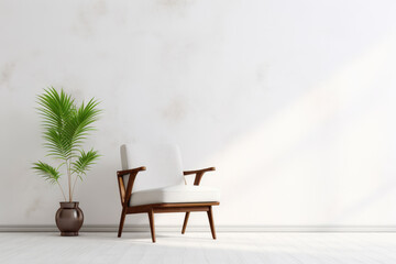 Wall Mural - A white chair sits in front of a large plant. The room is empty and the chair is the only piece of furniture