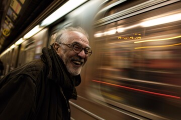 A senior man boarding the subway train. The fluorescent lights of the subway car and the blur of passing stations create a sense of movement and anticipation