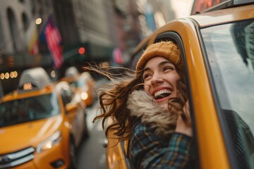 An excited woman peering out of a taxi window, her face alive with anticipation as she travels through the city on her way to the airport