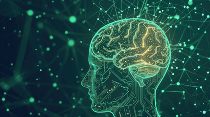 A green brain with a face on it. The brain is surrounded by a web of lines and dots