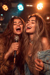 © Zenturio Designs - enthusiastic blonde and young women singers holding a microphone on a stage