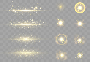 Wall Mural - The dust sparks and golden stars shine with special light. Vector sparkles on a transparent background. Christmas light effect. Sparkling magical dust particles.