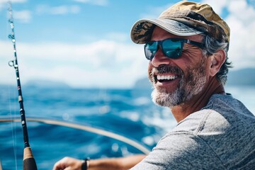 Man with a cheerful grin, embarking on an adventurous deep-sea fishing expedition at a tropical port of call