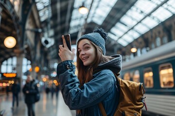 Wall Mural - Young woman with an excited expression, snapping photos of the train station with her camera or smartphone