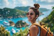 A young woman with an enthusiastic smile, taking in the breathtaking scenery of a picturesque port of call during a shore excursion on her cruise vacation