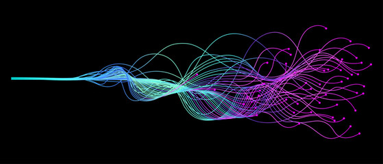 Vector abstract wavy blue and purple light lines artificial intelligence and deep learning concept of neural network. Wave equalizer, sonic, music.