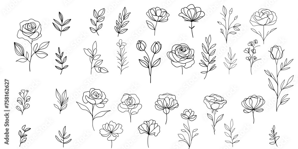 Vector set of one line art flowers. Continuous mono lines roses, leaves ...