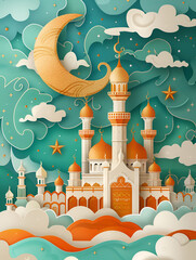 Sticker - Illustration for Ramadan with mosque, starry sky and moon