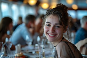 Wall Mural - Young woman with a delighted grin, attending a festive birthday dinner at an upscale onboard restaurant, the exquisite cuisine and elegant atmosphere