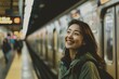A smiling asian woman standing on the subway platform, eagerly awaiting her train as she sets off for a birthday adventure