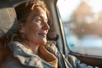 Wall Mural - A smiling adult woman sitting comfortably in the back of a taxi, her gaze fixed on the scenic views passing by outside the window, as she makes her way to the beach for a relaxing vacation