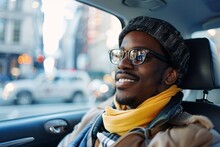 A Joyful Black Traveler Sitting Comfortably In The Backseat Of A Taxi, Enjoying The Sights And Sounds Of The City On The Way To The Train Station