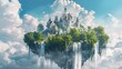 Fantasy fairy tale castle on floating island in sky, surrounded by waterfalls and lush gardens. Enchanted magical kingdom, dreamy surreal landscape, digital matte painting