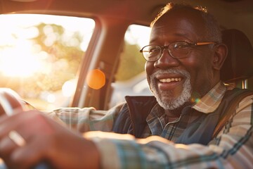A close-up view of a happy black man behind the wheel, en route to a vacation destination by car. The vibrant colors of the dashboard and the soft glow of sunlight filtering through the windshield