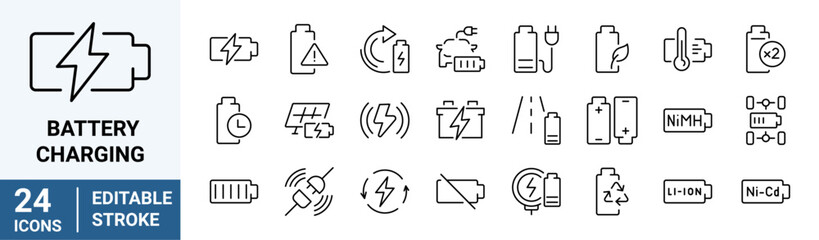 battery charge line web icons. Car Charge Station, Recycle,