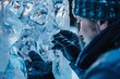 A close-up of a man sculpting a magnificent ice statue