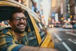 An excited man eagerly peering out of the taxi window, his eyes alight with wonder as he takes in the vibrant street scenes and bustling city life