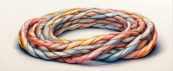 Detailed representation of a complex rope braid with interwoven colorful strands