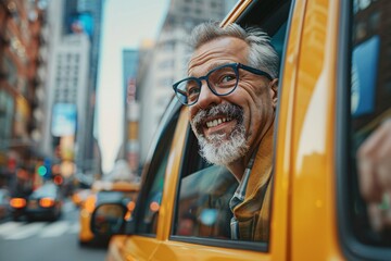 An enthusiastic adult man peering out of the window of a taxi, eagerly taking in the sights and sounds of the city as he makes his way to the bus station for his vacation adventure