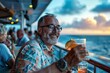 An adult man with a joyous smile, enjoying a refreshing cocktail at an onboard bar with panoramic views of the ocean