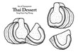 A series of isolated Thai desserts in cute hand drawn style. Pumpkin and custard in black outline on transparent background for coloring book or menu design.