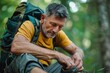 An adult man with a determined expression, lacing up hiking boots or strapping on a backpack, preparing for outdoor adventures such as trekking, camping, or exploring nature trails during his vacation