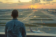 Adult Man With A Contemplative Expression, Pausing To Admire The View Of The Runway And Airplanes From The Airport Observation Deck